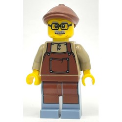 Man, Dark Tan Shirt with Reddish Brown Apron, Glasses and Moustache, Reddish Brown Hat