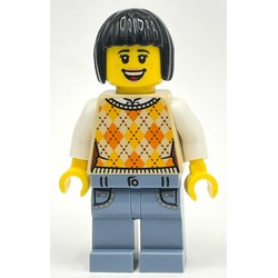 Woman, Tan Sweater Vest, Sand Blue Legs, Black Hair