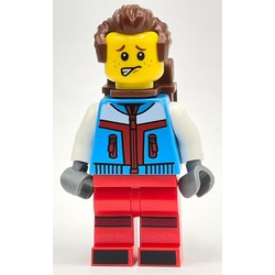 Skier, Azure and Red Suit, Reddish Brown Backpack and Hair