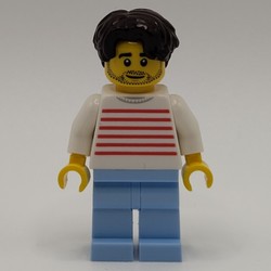 White Striped Torso, Bright Light Blue Legs, Dark Brown Hair