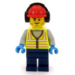 Airport Ground Crew Worker, Vibrant Yellow Torso, Dark Blue Legs, Red Hard Hat