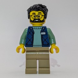 LEGO Employee, Dark Blue Torso, Dark Tan Legs, Black Hair