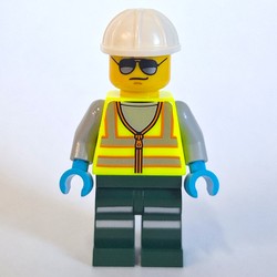 Train Driver, Vibrant Yellow Safety Vest, Dark Green Legs, White Hard Hat