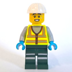 Train Crew, Vibrant Yellow Safety Vest, Dark Green Legs, White Hard Hat