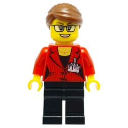 Woman, Red Jacket, Black Legs, Reddish Brown Hair. Press Badge