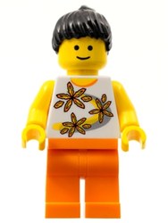 White Torso with Flowers, Orange Legs, Black Ponytail (3626b Head)