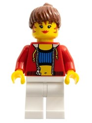 Woman, Open Red Hoodie over Crop Top with LEGO Logo on Back, White Legs