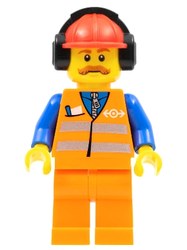 Train Worker, Orange Safety Vest with Train Logo, Orange Legs, Red Hard Hat with Ear Defenders, Moustache