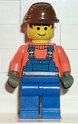 Pete - Construction Worker, Blue Overalls over Orange Sweater, Brown Cavalry Cap, Printed Hair and Stubble