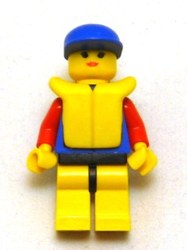 Coast Guard, Woman, Blue Jacket with Zipper and ID Badge. Blue Cap, Yellow Life Vest