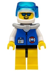 Coast Guard Diver, Blue Jacket with Zipper and ID Badge. White Helmet with Mask, Blue Sunglasses
