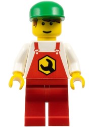 Mechanic, Red Overalls, Green Cap, Printed Hair