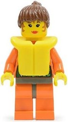Woman, Orange Shirt with Green Vest with Wrench, Brown Hair, Yellow Life Vest