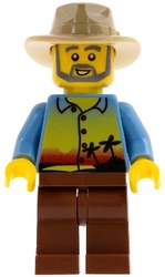 Man, Medium Blue Shirt with Palm Trees and Sunset, Tan Fedora, Beard