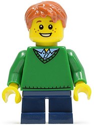 Boy, Green V-Neck Sweater, Short Dark Blue Legs, Dark Orange Hair