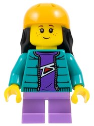 Kid - Dark Turquoise Torso, Medium Lavender Legs, Bright Light Orange Helmet, Black Hair