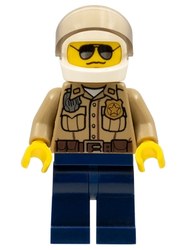 Forest Police / Ranger, Dark Tan Shirt with Radio and Badge, Dark Blue Legs, White Helmet with Visor, Sunglasses, 3626b Head