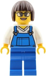 Woman, Blue Overalls, Dark Brown Hair