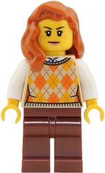 Woman, Tan Sweater, Reddish Brown Legs, Dark Orange Hair