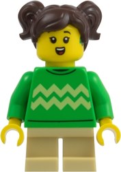 Girl, Bright Green Sweater, Tan Short Legs, Dark Brown Hair